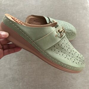 Bxsruta Floral Perforated Faux Suede Clogs with Gold Buckle